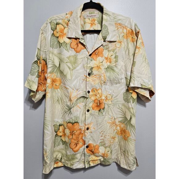 Men's Tommy Bahama Button Up SS Orange Green Flowered 100% Silk Size Large - Picture 1 of 8